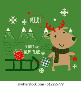 Christmas Reindeer carries little gift box with its sled. Vector artwork design.