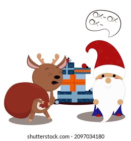 christmas reindeer carries a sack of gifts to santa claus