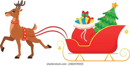 A Christmas reindeer is carrying a Christmas sleigh with gifts and a Christmas tree.