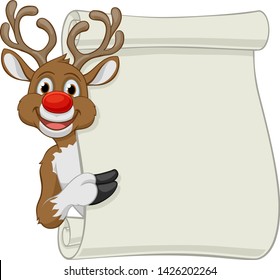 Christmas reindeer cartoon character peeking around a scroll sign and pointing at it