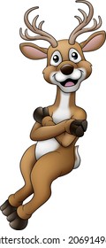 Christmas reindeer cartoon character in relaxed position. With space behind for your item or sign for them to be leaning on.