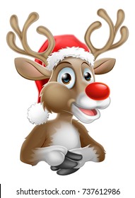 A Christmas reindeer cartoon character wearing a Santa hat