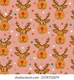 Christmas reindeer character seamless pattern on pink with confetti, reindeer with different emotions. Christmas deer pattern, deer character for kids