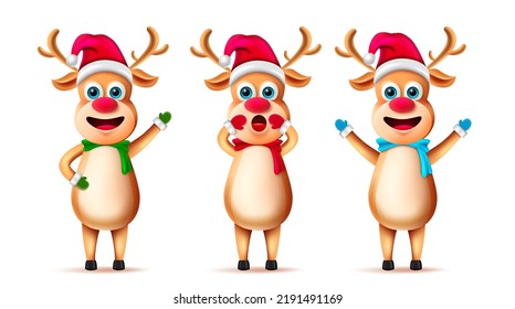 Christmas reindeer character vector set. Christmas reindeer characters standing and waving with cute facial expression for holiday season collection design. Vector illustration. 
