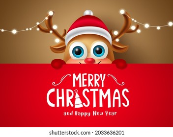 Christmas reindeer character vector template. Merry christmas text in red space for xmas messages with cute reindeer character hiding for greeting card design. Vector illustration.
