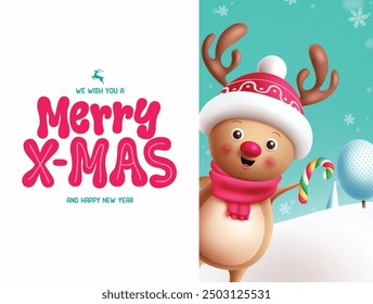 Christmas reindeer character vector template design. Reindeer character holding candy cane in winter background with white board space for xmas greeting. Vector illustration holiday season card 