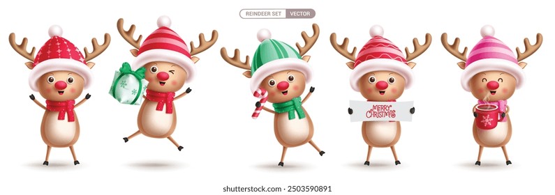 Christmas reindeer characters vector set design. Reindeer christmas cute character in jumping, standing, holding gift box, coffee and wearing hat and scarf collection isolated in white background. 