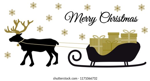 Christmas reindeer with collar and pile of present boxes on Santa's sleigh, black silhoutte and golden tones, flat design vector for merry christmas