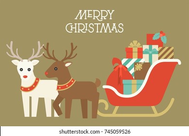 Christmas Reindeer With Collar And Pile Of Present Boxes On Santa's Sleigh, Flat Design Vector For Merry Christmas