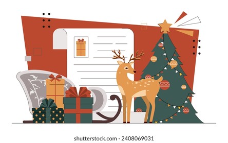 Christmas reindeer concept. Symbols of New Year and winter holidays, Noel Eve. Sleidge with gift boxes and presents, surprises. Cartoon flat vector illustration isolated on white background