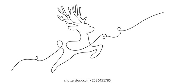 Christmas Reindeer Continuous Line Drawing. Wild animal deer with antlers is dynamic silhouette in simple linear style