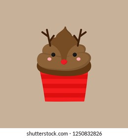 Christmas reindeer cupcake vector illustration icon. Cute cupcake decorated with chocolate, brown frosting, reindeer face and antlers. Isolated on beige background.