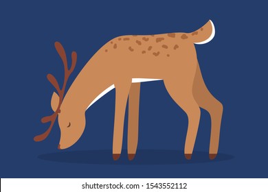 Christmas reindeer. Cute animal with beautiful antler. Reindeer standing. Vector illustration in flat style