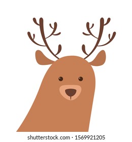 Christmas reindeer. Cute animal with beautiful antler. Isolated reindeer head. Vector illustration in flat style