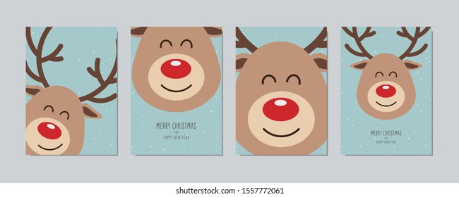 Christmas reindeer cute cartoon close up with greeting winter landscape background. Christmas card