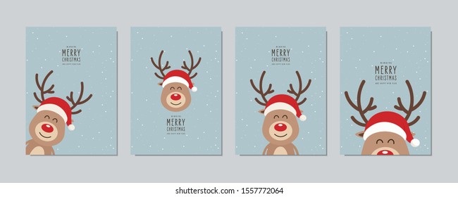 Christmas reindeer cute cartoon santa hat with greeting winter landscape background. Christmas card