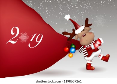 Christmas Reindeer. Cute and funny character Deer. Christmas card. Vector illustration. Christmas card with cartoon deer. Christmas card. New Year.
