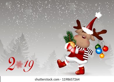 Christmas Reindeer. Cute and funny character Deer. Christmas card. Vector illustration. Christmas card with cartoon deer. Christmas card. New Year.
