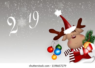 Christmas Reindeer. Cute and funny character Deer. Christmas card. Vector illustration. Christmas card with cartoon deer. Christmas card. New Year.
