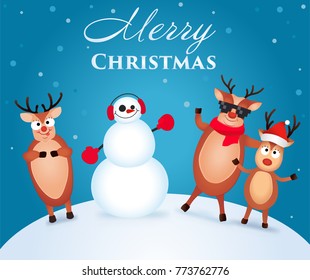 Christmas Reindeer. Cute and funny character Deer and Snowman. Christmas card. Vector illustration.