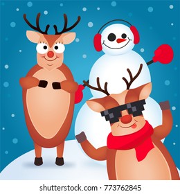 Christmas Reindeer. Cute and funny character Deer and Snowman. Christmas card. Vector illustration.