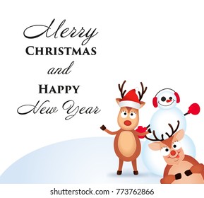 Christmas Reindeer. Cute and funny character Deer and Snowman. Christmas card. Vector illustration.