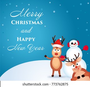 Christmas Reindeer. Cute and funny character Deer and Snowman. Christmas card. Vector illustration.