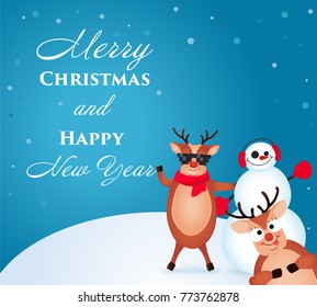 Christmas Reindeer. Cute and funny character Deer and Snowman. Christmas card. Vector illustration.