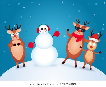 Christmas Reindeer. Cute and funny character Deer and Snowman. Christmas card. Vector illustration.
