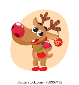 Christmas Reindeer With Christmas Decorations on Horns. Cartoon Style Vector Illustration.