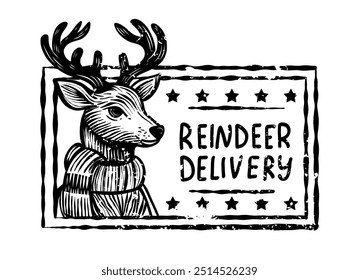 Christmas Reindeer Delivery Postmark. Holiday Postal Watermark for greeting Cards, Scrapbooking, and Collages. Santa mail Isolated Stamp