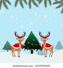 Christmas reindeer design with snowy background Vector.