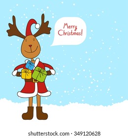 Christmas reindeer dressed as Santa with gifts on the snowfall background