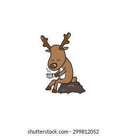 Christmas reindeer drinking coffee alone