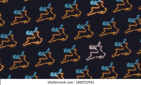 Christmas reindeer Effect Neon light garlands. Holiday pattern Xmas deer. New Year background. Vector illustration.