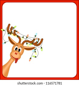 christmas reindeer with electric lights in antlers, on white background, in red frame, vector illustration