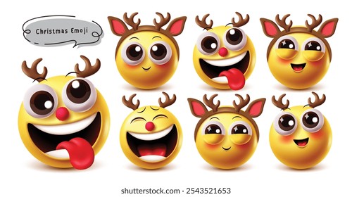 Conjunto de personajes de Vector de emoji de reno de Navidades. Personaje lindo del emoticono del reno con el traje en expresiones faciales traviesas, sonrientes lindas, divertidas, riendo, felices y sonrojadas para la temporada de vacaciones. Vector 