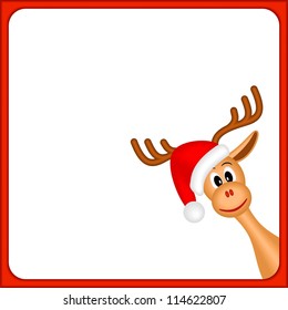 christmas reindeer in empty frame with red border and white background - vector illustration