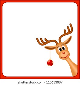 christmas reindeer in empty frame with red border and white background, vector illustration