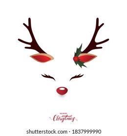 Christmas Reindeer face. Details collection: antlers,face,ears,nose. Can use for photo decoration, filter effect for selfie,card,party invitation poster.