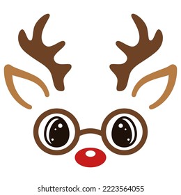 Christmas reindeer face with glasses. Cute kawaii deer on white background. Flat style cartoon animal. Vector illustration.