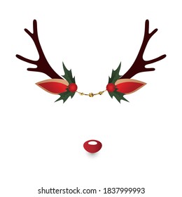Christmas Reindeer face vector elements.Photo decoration,filter effect for selfie.Details in collection: antlers,face,ears,nose.