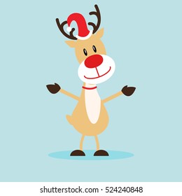 Christmas Reindeer in flat design for Christmas holiday decoration. Christmas reindeer standing in Santa`s hat.Cartoon character. Vector illustration of reindeer 