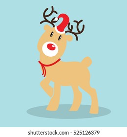 Christmas Reindeer in flat design for Christmas holiday decoration. Christmas reindeer  in Santa`s hat.Cartoon character. Vector illustration of reindeer