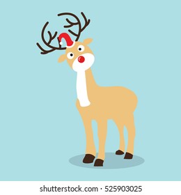 Christmas Reindeer in flat design for Christmas holiday decoration. Christmas reindeer in Santa`s hat.Cartoon character. Vector illustration of reindeer