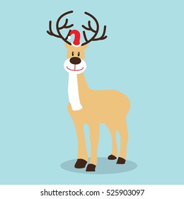 Christmas Reindeer in flat design for Christmas holiday decoration. Christmas reindeer in Santa`s hat.Cartoon character. Vector illustration of reindeer