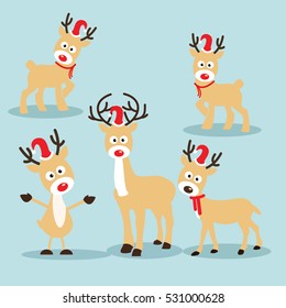 Christmas Reindeer in flat design for Christmas holiday decoration. Christmas reindeer in Santa`s hat.Cartoon character. Vector illustration of reindeer