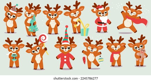 Christmas reindeer flat icons set. Traditional winter holiday cartoon deer with presents, lollipop, warm scarf and evergreen tree. Cute Santa Claus costume. Color isolated illustrations