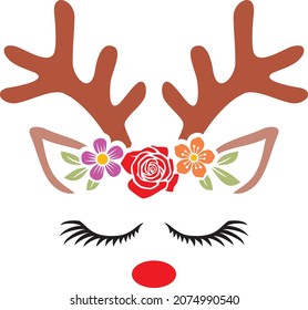 Christmas Reindeer with Flowers Vector Illustration