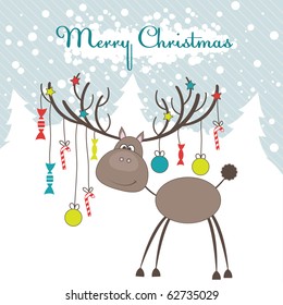 Christmas reindeer with fun gifts. Vector illustration
